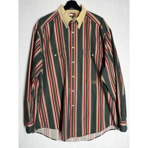VTG 1990s Tommy Hilfiger Striped Button Shirt Crest Preppy Colorblock Green L
